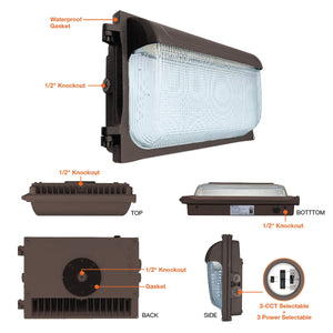 LED Wall Packs 120W/100W/80W LED Slim Wall Pack / 3K/4K/5K CCT / Dusk-to-Dawn Photocell / Glass Lens / 100-277VAC / Bronze