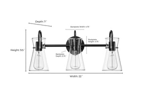 Vanity Fixtures 3 Lamps Camellia Vanity Light - Matte Black - Clear Glass - 22in. Wide