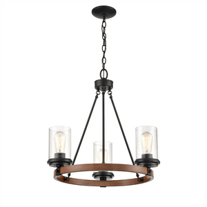 Chandeliers 3 Lamps Taos Chandelier - Matte Black / Wood Grain - Clear Seeded Glass - 21.08in Diameter - E26 Medium Base