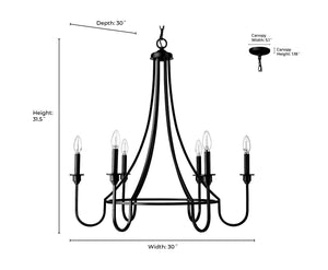 Chandeliers 6 Lamps Artemis Chandelier - Matte Black - 30in Diameter - E12 Candelabra Base