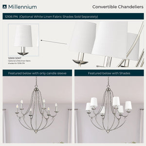 Chandeliers 6 Lamps Eisley Chandelier - Polished Nickel - White Fabric Shade - 28.5in Diameter - E12 Candelabra Base