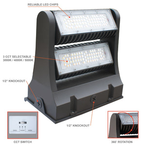 LED Wall Packs 80W/60W/40W LED Rotating Wall Pack / Double Module / 3K/4K/5K CCT / 100-277VAC / Bronze