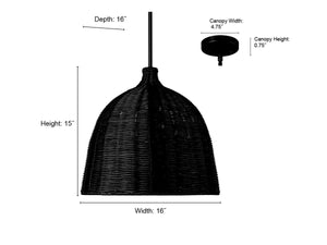 Pendant Fixtures Elise Pendant - Matte Black - Black Rattan Shade - 16in. Diameter - E26 Medium Base