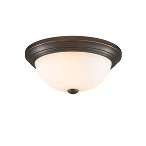 Flush Mounts Flush Mounted Fixture - Rubbed Bronze - Etched White Glass - 13in. Diameter - E26 Medium Base