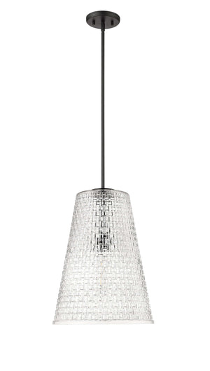 Pendant Fixtures Saben Pendant - Matte Black - Rattan Lattice Clear Glass - 14in. Diameter - E26 Medium Base