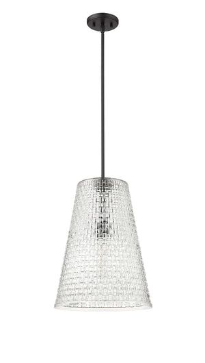 Pendant Fixtures Saben Pendant - Matte Black - Rattan Lattice Clear Glass - 14in. Diameter - E26 Medium Base