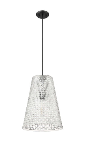 Pendant Fixtures Saben Pendant - Matte Black - Rattan Lattice Clear Glass - 14in. Diameter - E26 Medium Base