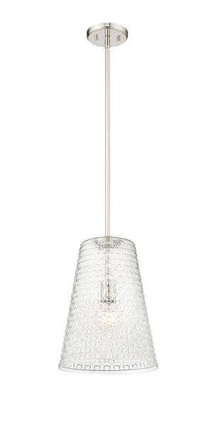 Pendant Fixtures Saben Pendant - Polished Nickel - Clear Woven Lattice Glass - 11in. Diameter - E26 Medium Base